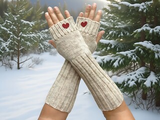 Person wearing beige knitted fingerless gloves with red hearts on snowy forest background