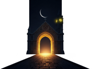 Illuminated gateway under moonlit night isolated on transparent background