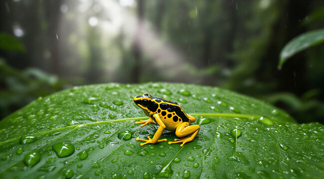 frog on leaf. A bright yellow poison dart frog perched delicately on a leaf with droplets of water around it.