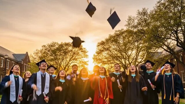 Happy group of students celebrating graduation by tossing their caps into the air, holding certificates to mark their success.