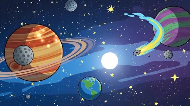 2D illustration in a cartoon style depicting deep space with stars planets and moons