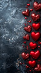 Vertical Valentines Day Banner Background With Red Heart Decorations On Dark Marble Texture And Elegant Copy Space
