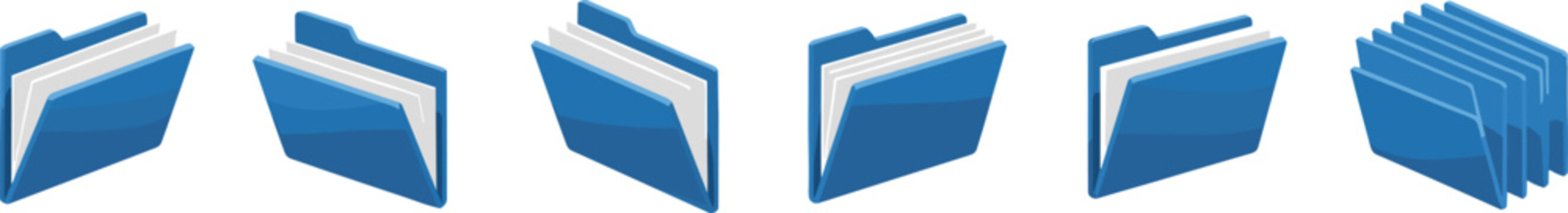 File folder icon set with six blue designs showing documents and stacked folders