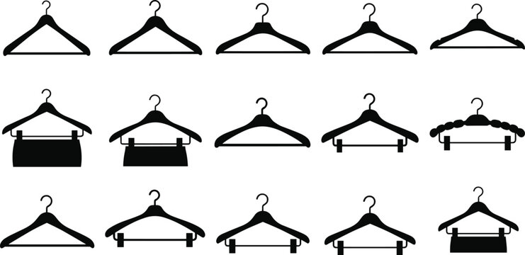 Black silhouette icons of clothes hangers with clips, bars, and garment shapes for fashion and wardrobe visuals