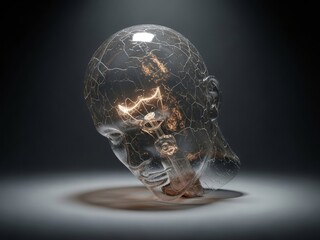 Surreal representation of burnout as empty light bulb head, emotional and mental exhaustion concept