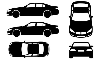 Set of five black car silhouettes in different views on transparent background for design and transportation concepts