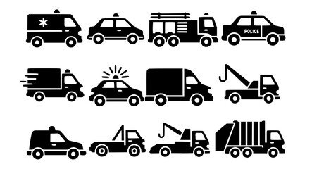 Collection of various emergency and service vehicles in black silhouette on transparent background