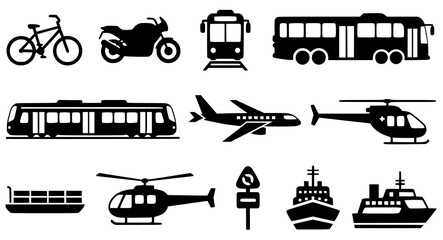 Collection of various transportation modes and vehicles in black silhouette on transparent background