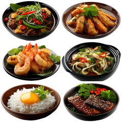 A variety of Asian dishes in bowls on a black background isolated on transparent background