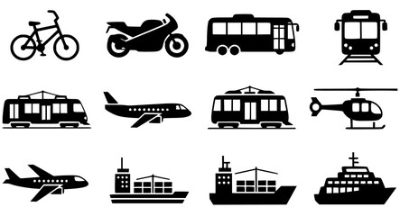 Collection of various transportation icons including bicycles motorcycles buses trains airplanes helicopters ships