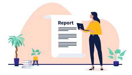 Businesswoman holding a laptop while preparing a financial document or annual report for corporate analysis and project evaluation in a modern flat design vector illustration with office plants