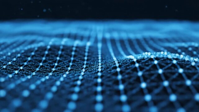 Abstract Blue Wavy Grid with Connecting Dots and Lines Representing Digital Network and Technology.