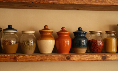 warm overhead shot captures row colorful rustic ceramic jars lined worn wooden kitchen shelf filled various