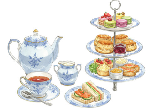 detailed watercolor illustration of english afternoon tea: three-tiered stand with blue floral china, sandwiches, scones, jam, and french macarons on white background. concept of refined british