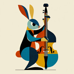 Abstract Rabbit Playing Double Bass in Modern Art Style