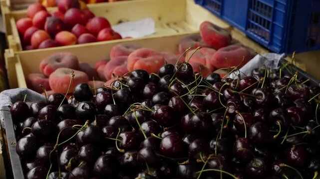 Ripe cherries with glossy stems piled at a market stall, with flat peaches and nectarines in wooden crates and a blue bin behind, showcasing seasonal stone fruit