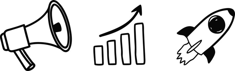 Marketing icons. Megaphone, profit growth chart, and rocket