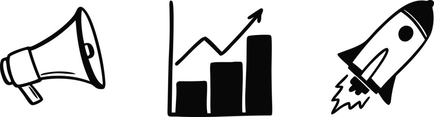 Marketing icons. Megaphone, growth chart, and rocket. Vector