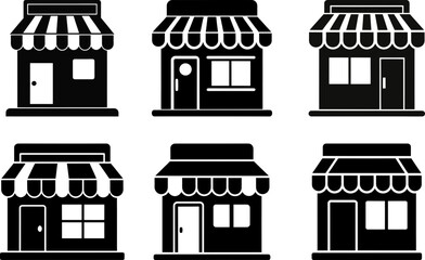 Set of store icons. Collection of black silhouettes of stores. Vector