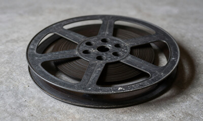 Obraz premium worn black cinematic film reel lies dusty surface partially exposed light subtle scratches scattered white dust