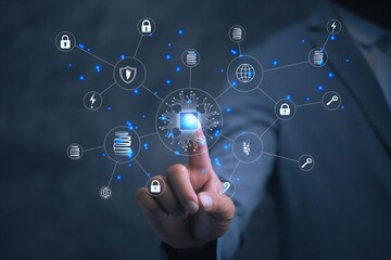 Digital security concept with hand touching futuristic network interface