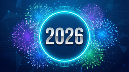A futuristic digital illustration of fireworks exploding around a glowing blue circle with the year 2026 in the center