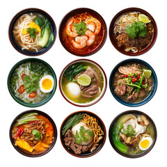 A variety of colorful noodle soups in bowls on a black background isolated on transparent background