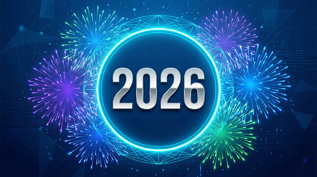 A futuristic digital illustration of fireworks exploding around a glowing blue circle with the year 2026 in the center - Powered by Adobe
