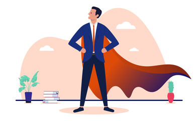Confident businessman wearing a superhero cape standing in a powerful pose representing corporate leadership, strength and professional success in a modern flat design vector illustration