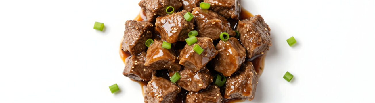 tender beef cubes glaze sauce sit atop crisp white background surrounded scattering fresh green onions shot directly