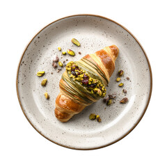 A delicious pistachio croissant on a speckled ceramic plate against black isolated on transparent background