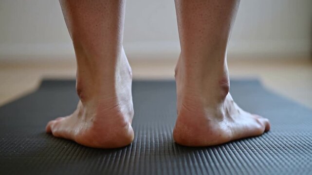 female yoga instructor guiding.  Yoga Feet Close-Up:  Barefoot on Mat, Wellness & Exercise, Healthy Lifestyle, Active Living, Foot Focus, Exercise, Pose