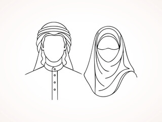 Arab Couple Line Art Illustration with Hijab and Keffiyeh