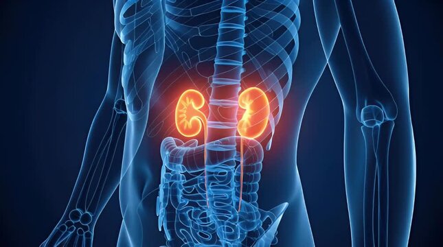 Human Anatomy kidneys urinary system orange glowing kidneys x-ray 3d medical illustration kidney diseases renal health, isolated on dark blue background, blue glowing lines