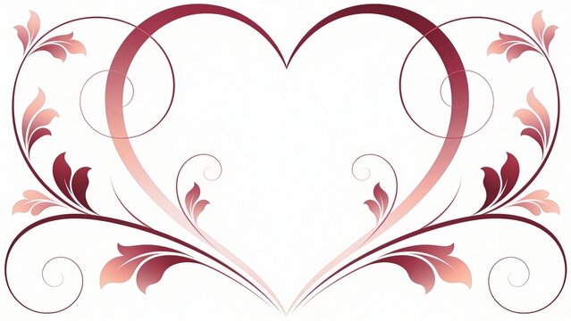 Elegant floral heart frame with pink and burgundy gradient swirls and leaves on a white background, perfect romantic template for Valentine s Day greeting cards.