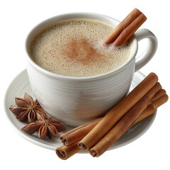 A warm cup of chai tea with cinnamon sticks and star anise isolated on transparent background