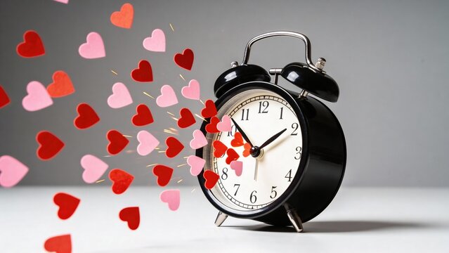 Black retro alarm clock with exploding red and pink paper hearts on grey background, creative conceptual composition symbolizing time for love, romance, relationship and Valentine s Day celebration.
