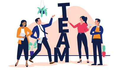 Diverse group of professional colleagues building the word team with large letters to represent workplace collaboration and corporate unity in a modern flat design vector illustration