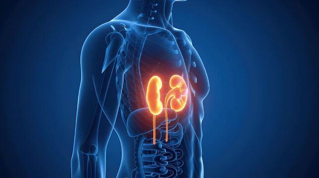 Human Anatomy kidneys urinary system orange glowing kidneys x-ray 3d medical illustration kidney diseases renal health, isolated on dark blue background, blue glowing lines