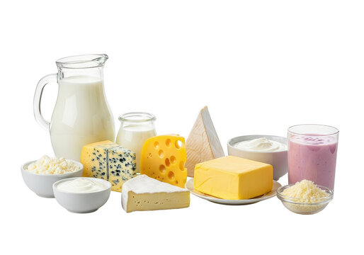 Assortment of yummy dairy products including milk cheese yogurt and cottage cheese isolated on transparent background