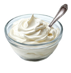 Creamy whipped topping in a glass bowl, with a spoon