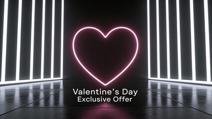 Modern neon heart outline glowing in a dark futuristic room with white light columns and reflective floor, minimalist background template for Valentine s Day sale.