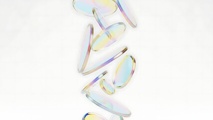 A close-up view of iridescent, metallic ribbons flowing vertically against a plain white background