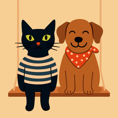 Pet shop advertisement. Black cat and brown dog sitting on swing. Vector illustration