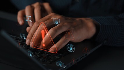 Cybersecurity threat alert protects data. Cyber security threat alert prevents access, alert warns...