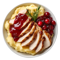 A delicious plate of sliced turkey with mashed potatoes and cranberry sauce isolated on transparent background