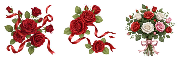 Flower bouquets with ribbons isolated on transparent background