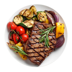 A delicious grilled steak with roasted vegetables on a white plate isolated on transparent background