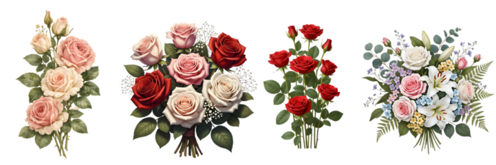 Floral bouquets collection isolated on transparent background