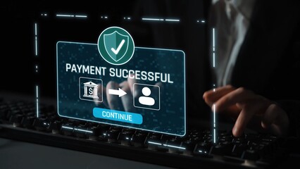 Successful transaction message showing secure payment. Payment confirmed, secured, payment processed, and payment completed with trust and transaction integrity. Marrow